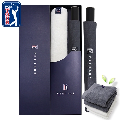 PGA 2단 자동 블랙 메탈 우산 + 260g 코마사 타올세트