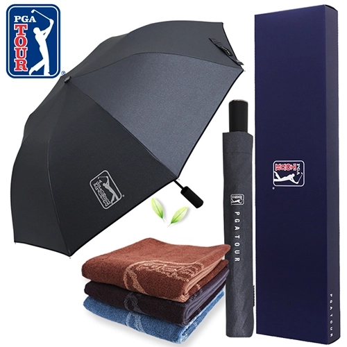 PGA 2단 자동 블랙 메탈 우산 + 170g 죽사 타올세트