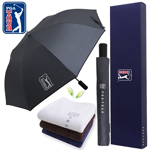 PGA 2단 자동 블랙 메탈 우산 + 150g 면사 타올세트