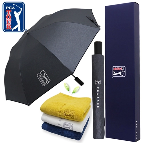 PGA 2단 자동 블랙 메탈 우산 + 170g 면사 타올세트