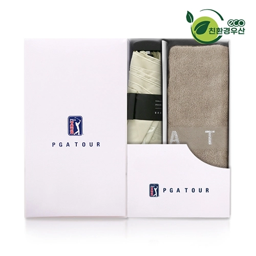 PGA 그린 3단 수동 사각 스키니 우산 + 130g 면사 타올 세트