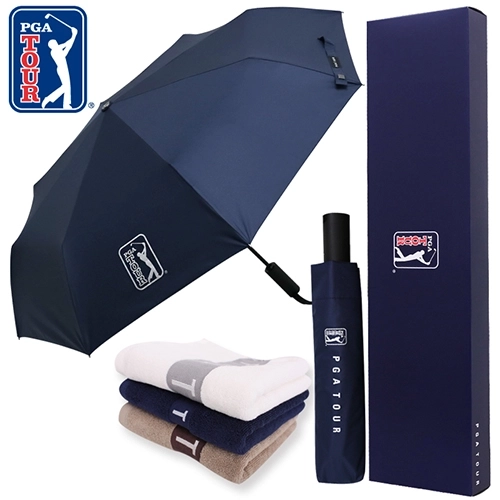 PGA 3단 60 완전 자동 쿨링 암막 우산 + 130g 면사 타올 세트