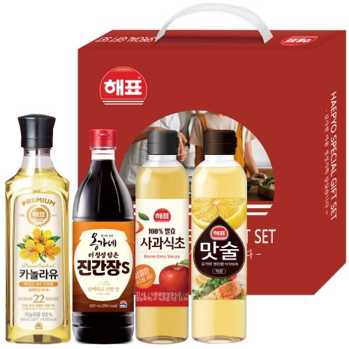 해표 프리미엄 4종 세트 1호 카놀라유 500ml, 사과식초 500ml, 맛술 500ml, 진간장 500ml