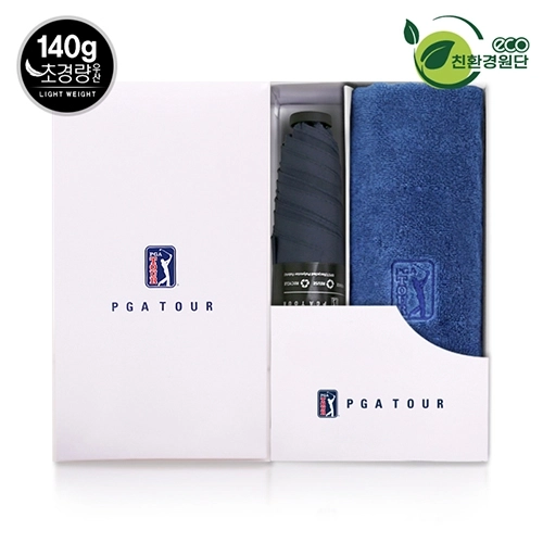 PGA 친환경그린 3단 수동 경량 스키니 우산 + 170g 면사 타올세트
