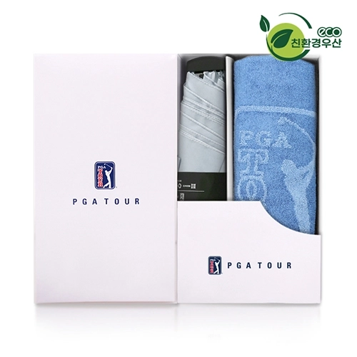 PGA 그린 3단 수동 사각 스키니 우산 + 170g 죽사 타올 세트