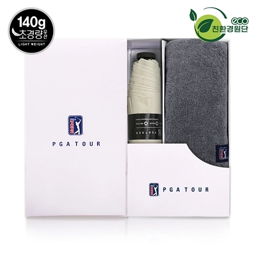 PGA 친환경그린 3단 수동 경량 스키니 우산 + 260g 코마사 타올세트