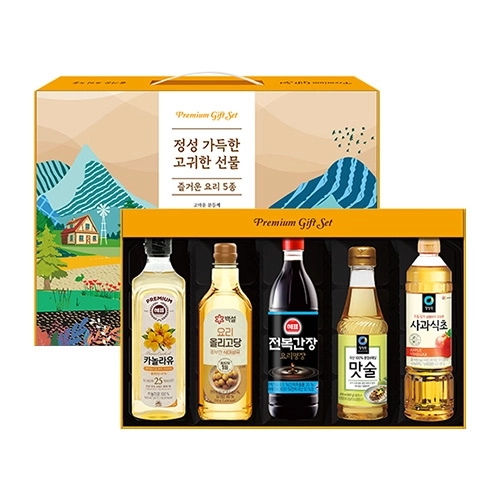 즐거운 정통요리 5종세트 (카놀라유+올리고당+전복간장+맛술+사과식초)